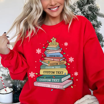 Custom Name Books Sweatshirt All Booked For Christmas Shirt Gift for Librarian,Bookworm Christmas Sweater,Christmas Book Tree Sweatshirt,Book Lovers Christmas Sweatshirt