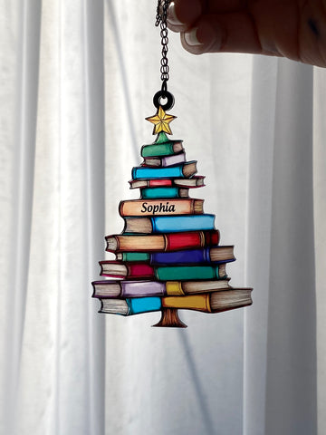 Customized Christmas Book Tree Suncatcher Ornament, Christmas Tree Bookish Gift, Book Club Gift, Book Lover Gift, Librarian Gift, Exchange Gift