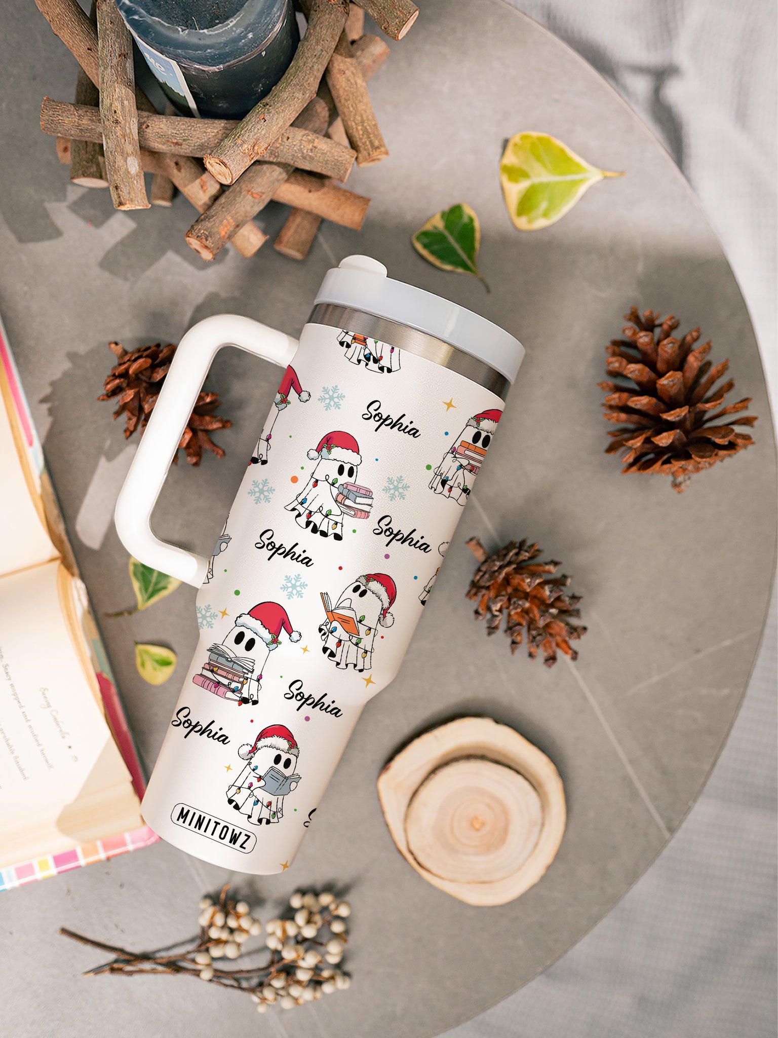 Personalized Christmas Ghost Reading Tumbler 20oz-30oz/40oz, Cute Xmas Bookish 40oz Tumbler, Funny Reader Tumbler with Lid and Straw, Christmas 40oz Cup